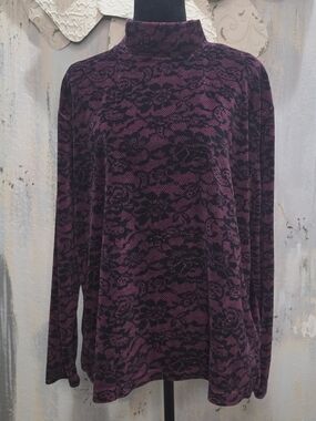 Erika Plum Mock Neck Lace-Pattern Long Sleeve Top Size Large